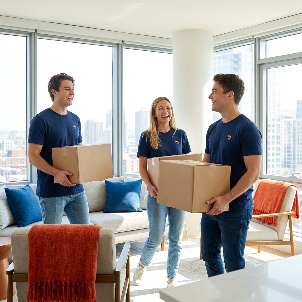 Fröhliche Umzugshelfer tragen Kartons